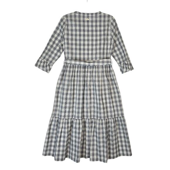Barbour Seamills Gingham Check Midi Dress Navy White Ruffle Belted Button NWOT 6 - Picture 3 of 11